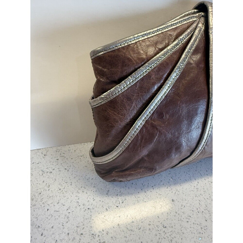 Kooba Brown Leather Clutch Metallic Piping Zip Snap Boho Bag Purse Y2K - Picture 6 of 16